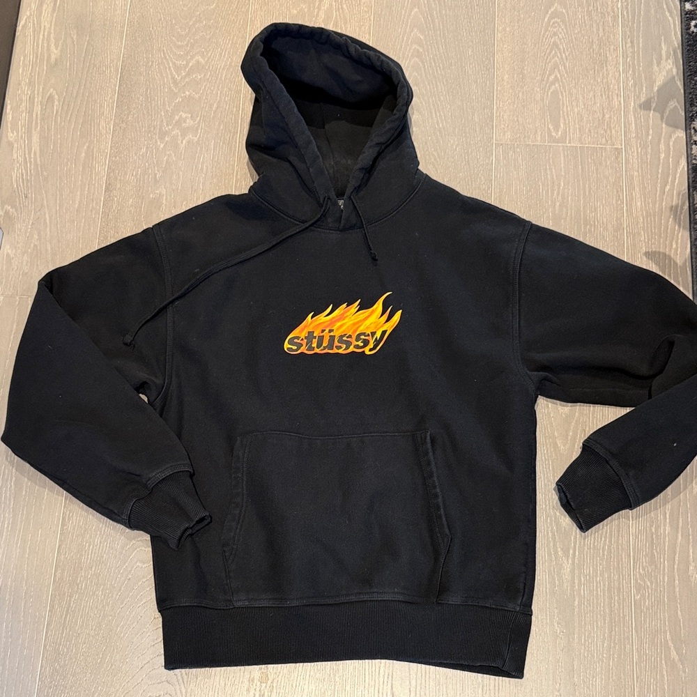 Stussy Black Hoodie with Yellow Flame Design